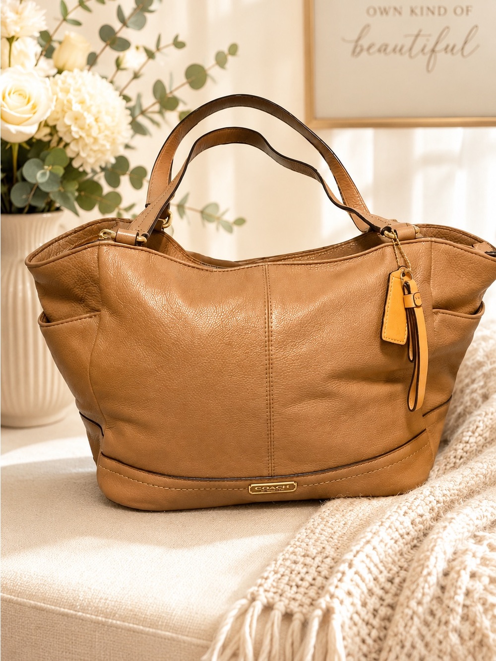 Coach Caramel Brown Leather Tote with Tag Accent